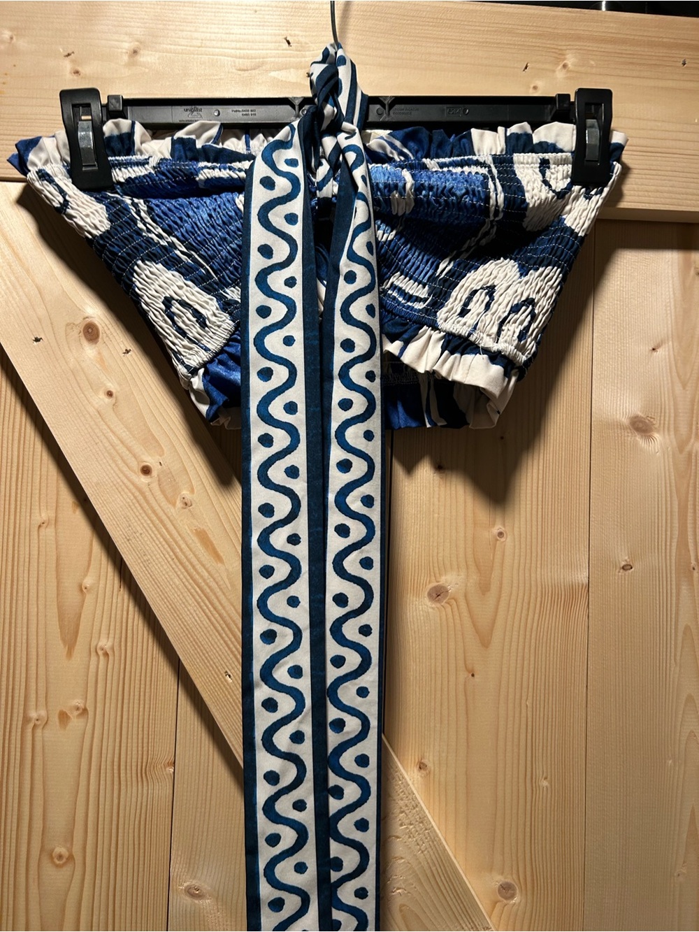 Blue and White Smocked Tie-Front Crop Top